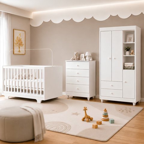 Quarto de Bebê Completo com Cômoda Berço com Colchão e Guarda Roupa 100%MDF Encanto