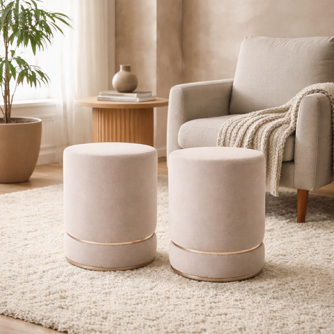 Conjunto de Puff Minimalista Redondo Elegante para Sala de Estar com Dois Detalhe Dourado - Várias C