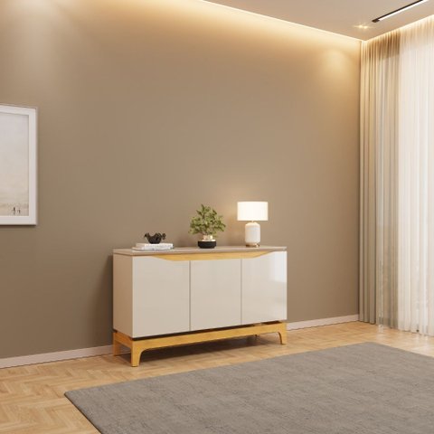 Balcão Buffet Joile para Sala de Jantar 3 Portas Pés com Efeito Flutuante Cedro Off White DJ Móveis