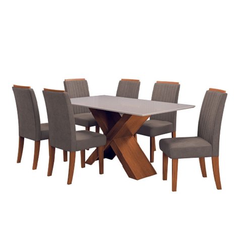Conjunto de Mesa Sala de Jantar Tampo com Vidro 1,80m 6 Cadeiras Grécia Dobuê