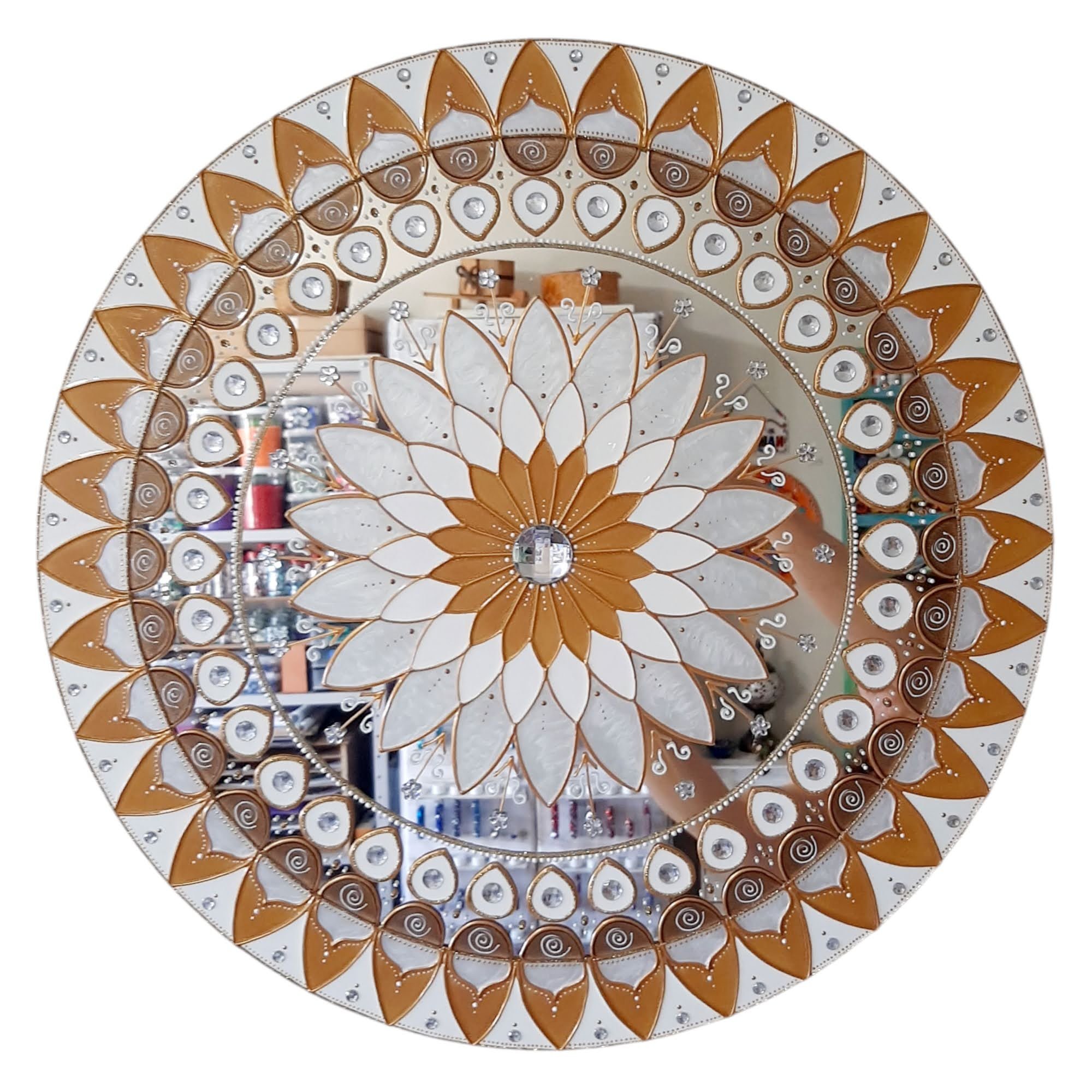 Mandala Ouro e Branco em Espelho de 50cm