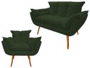 Ver imagem 1 de Kit Namoradeira + Poltrona Decorativa Opala Suede Verde Pés Madeira Mz Decor
