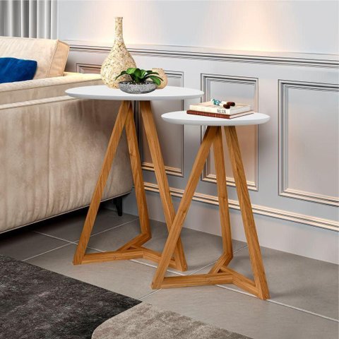 Mesa Lateral Mezinhas Brisa Alta Redondo MDF Madeira 50cm Branco Casah
