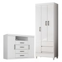 Ver imagem 1 de Guarda Roupa Solteiro 3 Portas com Pés e Cômoda Havana Master Branco Brilho - Santos Andirá