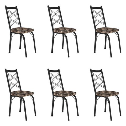 Kit 6 Cadeiras de Cozinha Delaware Estampado Imbuia Pés de Ferro Preto