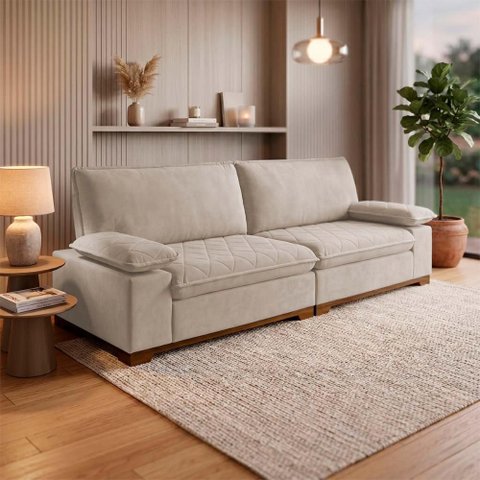 Sofá Living Siberian 2,30m Bouclê Bege Braço Reclinável - King House