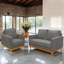 Ver imagem 2 de Kit Poltrona e Sofa Berlim 2 Lugar Base de Madeira Tecido Acquablockl Cinza Chumbo
