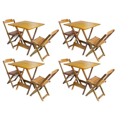 Kit 4 Jogos de Mesa Dobravel com 2 Cadeiras de Madeira 70x70 - Mel
