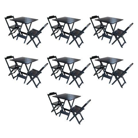Kit 7 Conjuntos de Mesa Dobravel com 2 Cadeiras de Madeira 70x70 para Restaurante e Bar - Preto