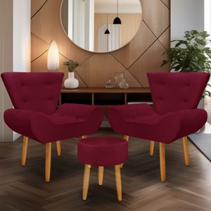 Kit 2 Poltrona Emilia +puff Redondo Decorativo:bordo