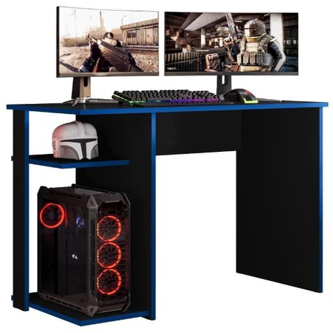 Mesa Gamer Essence Play Moderno sem Gavetas MDP 108cm Preto e Azul Milani Movelaria
