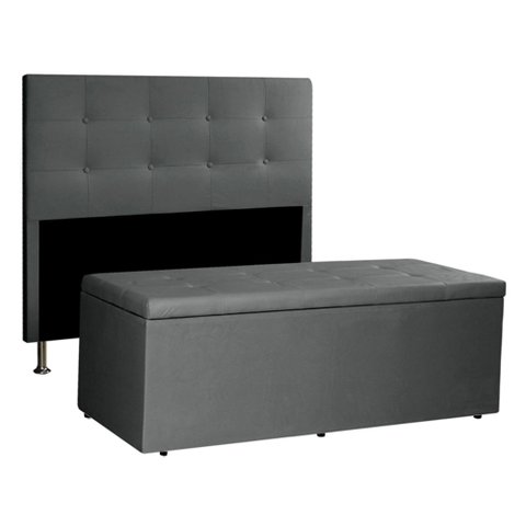 Kit Cabeceira e Calçadeira Baú Queen 1,60m Berlim Suede Cinza - Pallazio