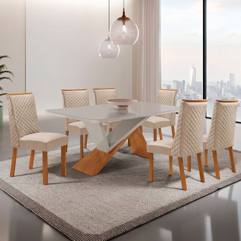 Mesa de Jantar Yasmin 180cm Tampo MDF Vidro Canto Copo com 6 Cadeiras Yasmin
