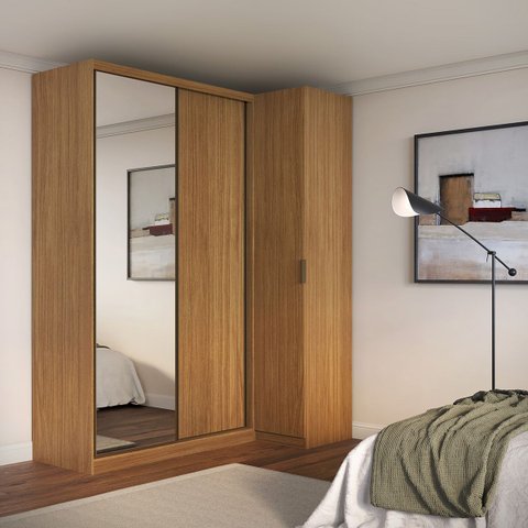 Guarda Roupa de Canto Porta de Correr com Espelho 3 Portas Mdf Altezza Clean Belmax:freijó
