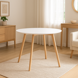 Mesa de Jantar Redonda Leda 90cm Branca – Tampo Mdf, Base em Madeira Maciça - 1