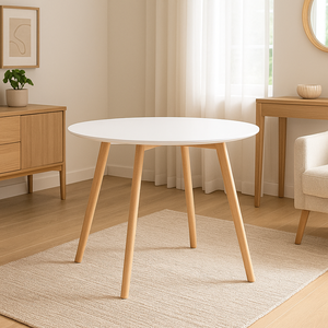 Mesa de Jantar Redonda Leda 90cm Branca – Tampo Mdf, Base em Madeira Maciça
