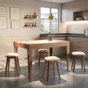 Ver imagem 1 de Conj. Compact Mesa Extensível Impressão Mel/Off 4 Banquetas Estofada em Madeira Maciça