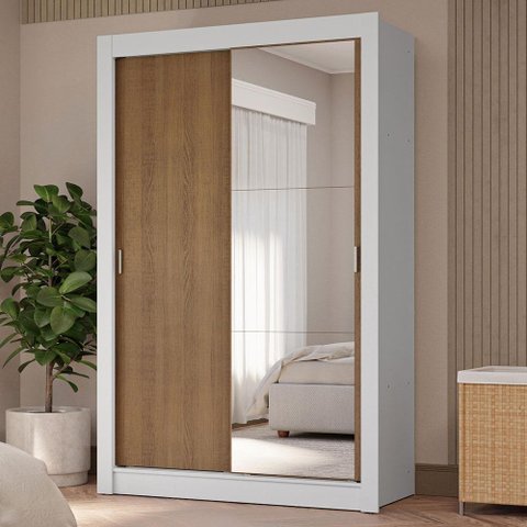 Guarda-roupa Solteiro 2 Portas de Correr com Espelho 4 Gavetas Branco/rustic Vivare Plus Madesa