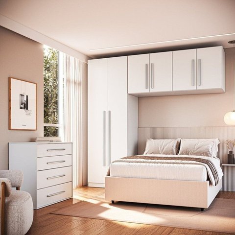 Quarto Modulado Casal 100% MDF 3 Peças 6 Portas Cômoda 4 Gavetas Integrato Branco