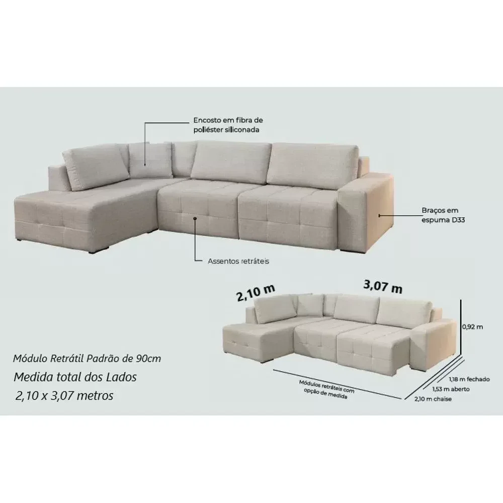 Sofá Retrátil em L com Chase Assento e Braços Espuma D33 Mod 210 Veludo Joinville