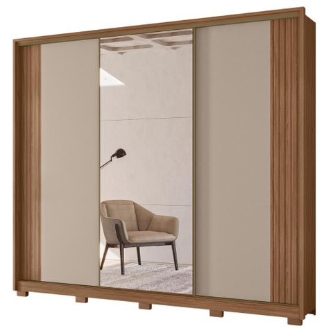 Guarda Roupa Casal 3 Portas de Correr 260 Cm com Espelho Nevada Carvalho Fendi Moval