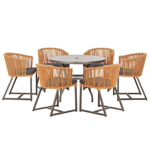 Mesa com 6 Cadeiras de Jantar Roma 120cm e Noronha em Alumínio Marrom Corda Náutica Estofado 11 Tram