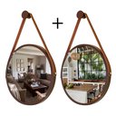 Ver imagem 1 de Kit 2 Espelhos Redondo Decorativo Suspenso Alça 30cm + Suporte Marrom Alça Caramelo