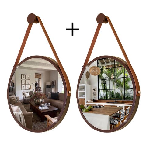 Kit 2 Espelhos Redondo Decorativo Suspenso Alça 30cm + Suporte Marrom Alça Caramelo