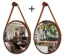 Ver imagem 1 de Kit 2 Espelhos Redondo Decorativo Suspenso Alça 30cm + Suporte Marrom Alça Caramelo
