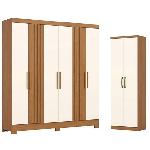 Guarda Roupa Casal 6 Portas 3 Gavetas Francês com Armário Multiuso Margarida Cinamomo Off White - He
