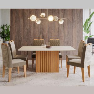 Kit Conjunto Sala de Jantar Mesa Quadrada 180 cm com 6 Cadeiras Paola Cozinha Madeira Branco Cinza