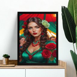 Quadro Cigana Esmeralda Rosa Vermelha 33x24cm - com Vidro:moldura Branca - 1