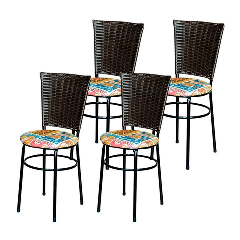 4 Cadeiras Preta para Mesa Hawai Marrom Assento Floral:happy Hour