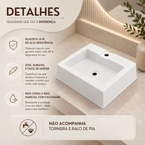 Cuba Quadrada com Deck Torneira de Sobrepor em Plástico Pia para Banheiro Lavabo Branco Lh Móveis