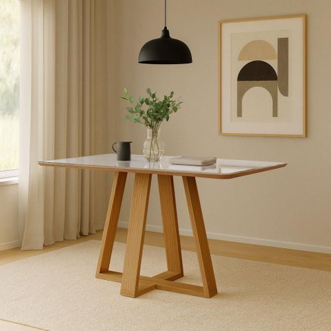 Mesa de Jantar 1,35 m 4 Lugares com Tampo de Vidro 100% MDF Dalla Costa Cor:Off White com Freijó