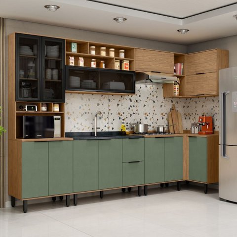 Cozinha Modulada Completa de Canto MDF 7 Peças Lombardia com Portas de Vidro - cor Freijó Jade