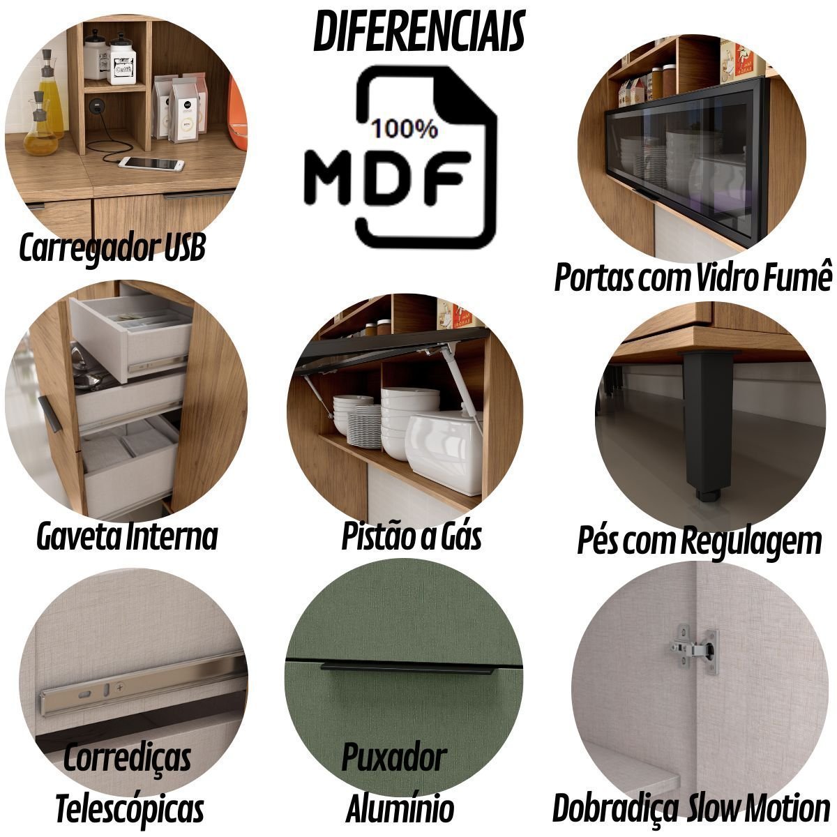 Cozinha Modulada Completa de Canto MDF 7 Peças Lombardia com Portas de Vidro - cor Freijó Jade - 6