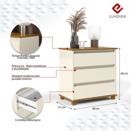 Mini Cômoda Ej Mesa de Cabeceira para Quarto com 3 Gavetas - Off White com Freijó - 4