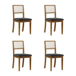 Kit 4 Cadeiras de Jantar Palha Estofadas Couro Pu Preto Tela Sextavada Rubi Madeira Maciça Mel - 1