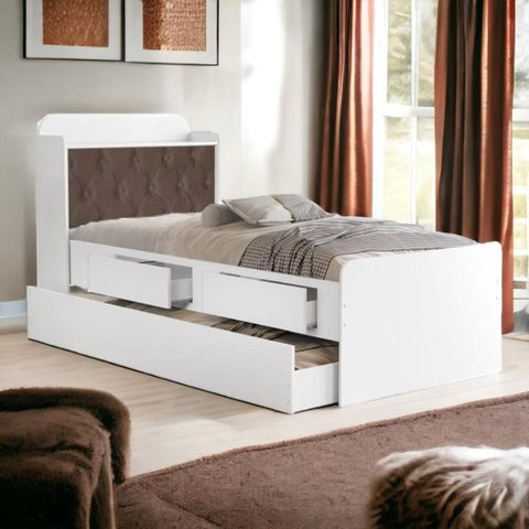 Cama Tamires Branca com Auxiliar Capitonê e 02 Colchões