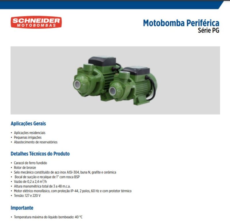 Bomba Schneider Periférica Pg-05 Motor 0.5cv Monofásico 220v Verde 220 (m) - 2