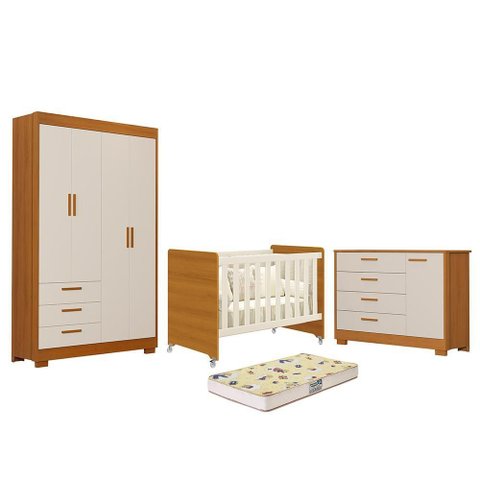 Dormitório Zaki Guarda Roupa, Cômoda e Berço Evolution Areia Fosco/savana com Colchão Supreme -