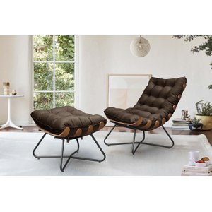 Poltrona Costela Decorativa com Puff Madeira EVA Preto- Marrom