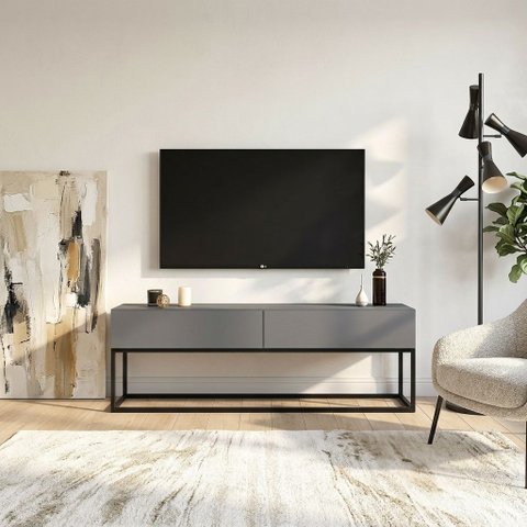 Rack de Sala de Estar para TV até 50 Polegadas Cinza MDF com 2 Gavetas Pés de Ferro Preto