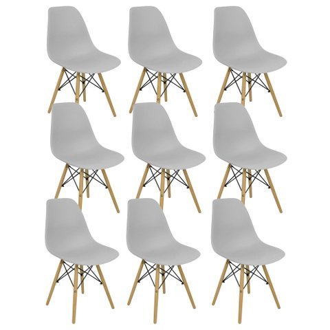 Kit 9 Cadeiras Charles Eames Eiffel Dsw com Pés de Madeira Clara Cinza Claro