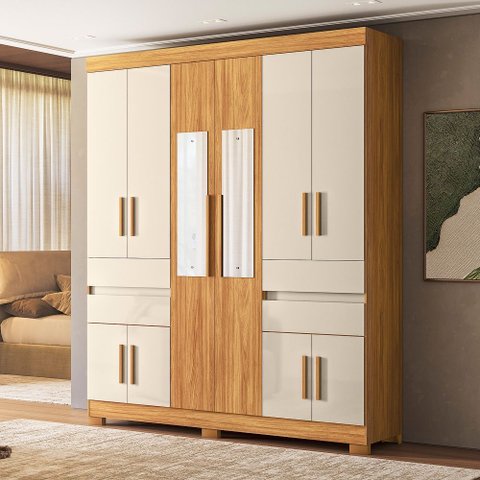 Guarda Roupa Roupeiro Vizanno 10 Portas com Espelho 4 Gavetas Cinamon Touch Off White Demóbile