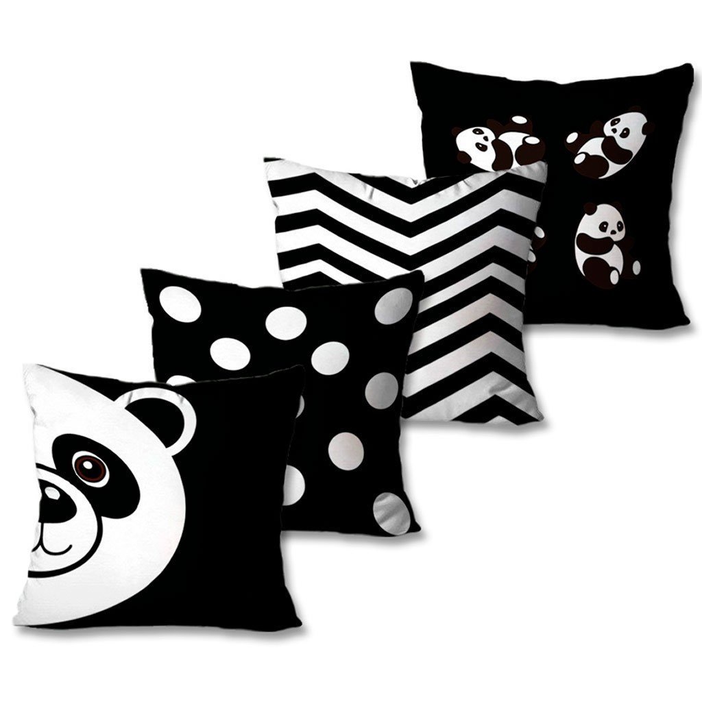 Kit com 4 Capas de Almofadas Decorativas Panda Preto e Branco