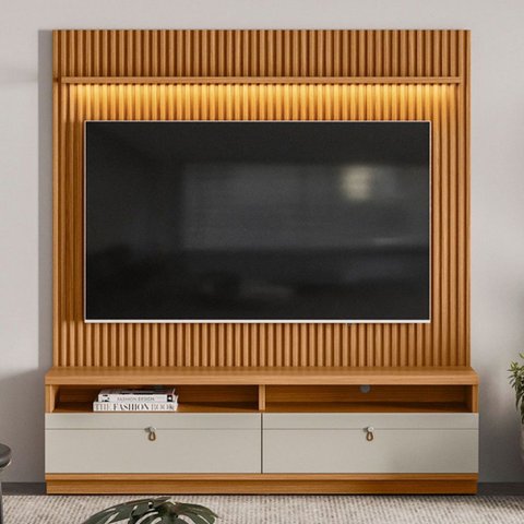 Estante para Tv até 75 Polegadas Colina 2 Gavetas com Led 180 Cm Nature/off White - Pnr Móveis