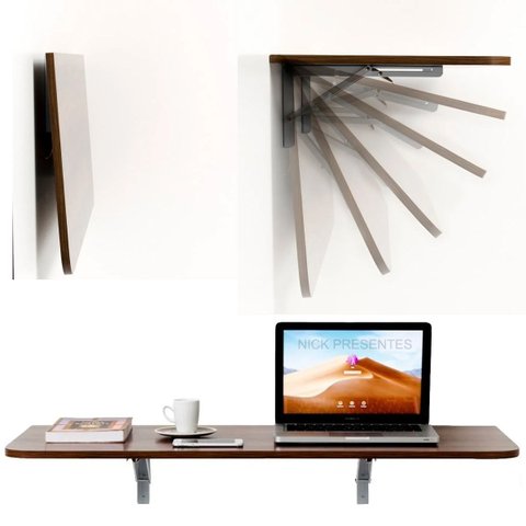 Mesa Dobrável Retrátil de Parede 80x41 cm Castanho Suporte em Aço com Gatilho