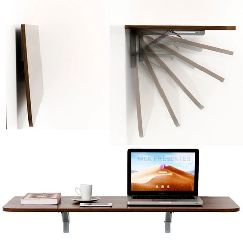 Mesa Dobrável Retrátil de Parede 80x41 cm Castanho Suporte em Aço com Gatilho